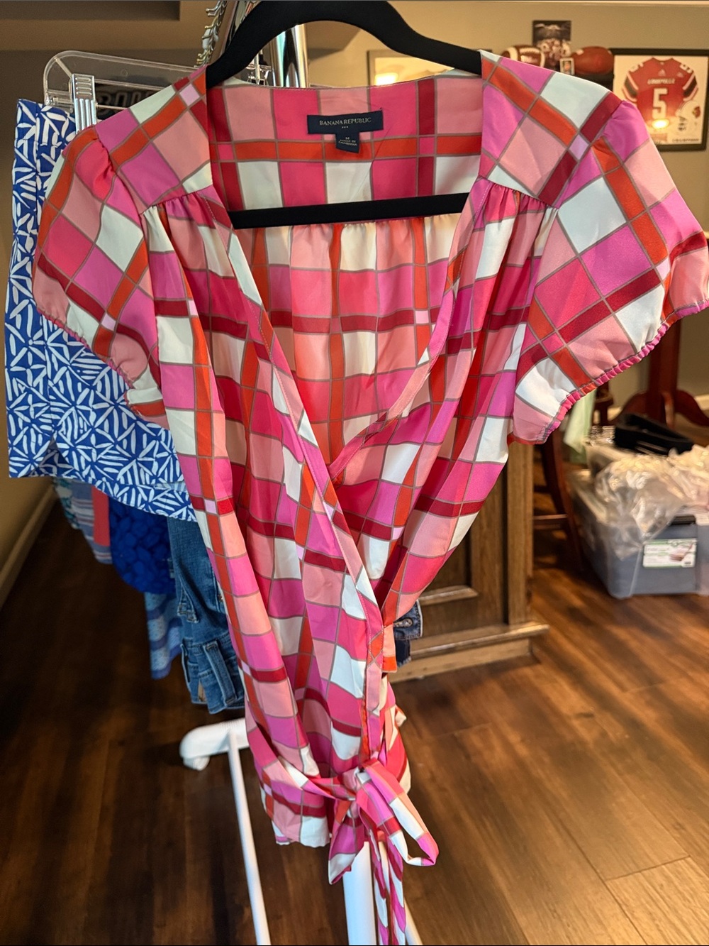 Banana Republic Pink and Orange Check Wrap Blouse